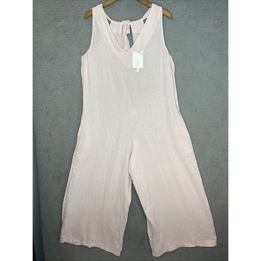 Milano Italian Linen Cottagecore Lagenlook Vneck Tie Back Pink Jumpsuit Wide leg